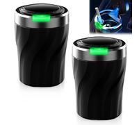 GOEDCH Pack of 2 Car Ashtrays with Lid and Automatic LED Light: Portable Stainless Steel Ashtray, High Temperature Resistant, Smokeless with Luminous Opening Button for Car, Van, Office