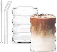 GOEDEKE 2 PCS Ripple Glass Cups, 300ML Bubble Water Drinking Glasses, Heat-Resistant Glasses with Glass Straws, Cappuccino Latte Macchiato Coffee Cup, Suitable for Coffee, Tea, Juice, Cocktails, Beer