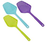 Goeielewe 3-Pack Food Scoop Colander Strainer Slotted Spoon with Handle, Plastic Heat-Resistant Large Slotted Strainer and Skimmer for Pasta, Vegetables, Salad (3 Colors)