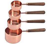 Goeielewe Set of 4 Stainless Steel Measuring Cups, Copper Plated Nesting Measuring Cup Set with Walnut Wood Handle for Dry and Liquid Ingredients (Cups Set: 1/4, 1/3, 1/2, 1 Cup)
