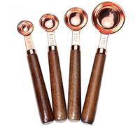 Goeielewe Set of 4 Stainless Steel Measuring Spoons, Copper Plated Nesting Measuring Spoon Set with Walnut Wood Handle for Dry and Liquid Ingredients (Spoons Set: 1/4 1/2 1 tsp & 1tbsp)