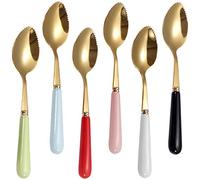 Goeielewe Set of 6 Grapefruit Spoons with Round Serrated Edges, Stainless Steel Serrated Spoon with Multicolor Ceramic Handle, Kiwi Apple Citrus Fruit, Dessert Spoon Sets (Gold)