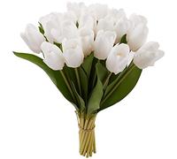 GoeJardin 20PCS Artificial Tulips Real Touch Faux Flower Moisturizing Tulips for Photography Ornaments Home Garden Wedding Party Decor Fake Flowers (White)