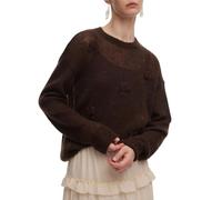 GOELIA Women's Sweaters Mohair Wool Cozy Sweater Brown Crew Neck Hand-Crocheted Floral Fall Pullover Sweater Winter Outfits, Coffee Brown, M