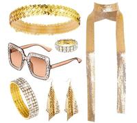 Goenb 6 Pcs 70s Accessories Women: Diamond Ring, Earrings, Bracelet, Glasses, Headband, Sequin Scarf - Party Favor for Birthday Disco Theme
