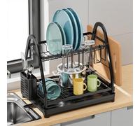 GOENDR 2 Tier Dish Drainer Rack with Drip Tray, Large Capacity Draining Board Rack with Utensil Holder, Dish Drying Rack for Kitchen Sink Counter, 42Lx30Dx38.5H(cm), Black