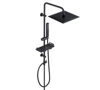 Görbach Black Stainless Steel Shower Column with Hydromassage, Adjustable Shower Rod, Square Shelf 25 x 25 cm