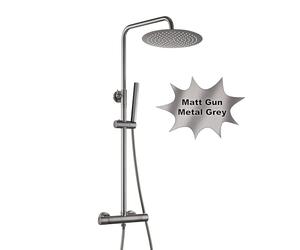 Görbach Rainfall Shower Set with Shower Fixture Complete Set, Stainless Steel Shower System with Thermostat Mixer Tap, Hand Shower, Shower Rod, Overhead Shower, D25 cm Gunmetal Grey