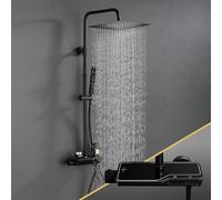 Görbach Shower Column with 38°C Thermostatic Mixer Tap 304 Stainless Steel - Black Shower Column Tap with Shower Head (20 × 20 cm Square)