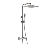 Görbach Shower Column with Mixer Complete Set Thermostatic Shower, Rainfall Shower Set with Stainless Steel Shower Rod, Square Shower Head 30 x 30 cm, Brushed Gun Grey