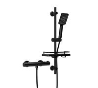 Görbach Shower Column with Thermostatic Taps and Shower Shelf, Shower Mixer Tap + 70 cm Stainless Steel Shower Bar Set with Shower Head and Hose, Matte Black