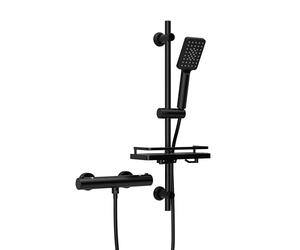 Görbach Shower Column with Thermostatic Taps and Shower Shelf, Shower Mixer Tap + 70 cm Stainless Steel Shower Bar Set with Shower Head and Hose, Matte Black