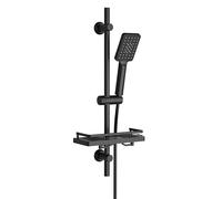Görbach Stainless Steel Shower Set with Shower Shelf, 70cm Shower Rod and Shower Head Holder and Hose for Bathroom, Rectangular, Matte Black