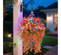 GOESWELL Artificial Flower Basket with Solar Light: 10 Inch Hanging Artificial Flowers Like Real for Balcony Decoration - Autumn Orange Morning Glory Hanging Plants with Solar RGB for Porch Garden
