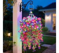 GOESWELL Solar Artificial Hanging Baskets Lights: 10 Inch Large Silk Fake Flower Hanging Basket with RGB Lights and 7PCS UV-Resistant Flowers for DIY Outdoor Garden Yard Patio Home Decor
