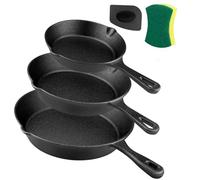Goeszooin Pre-Seasoned Cast Iron Skillet Set -3 Piece 6 inch, 8 inch and 10 inch Cast Iron Pan, with Silicone Handles+Scraper+Dish Sponge - Indoor and Outdoor Use - Oven Grill Stovetop Safe Cookware