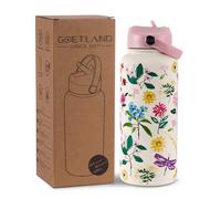 Goetland Flowers Water Bottle 1l Beverage Bottle with Straw Lid Stainless Steel Wide Mouth Vacuum Insulated Cute UV Printing Leak Proof for Women Girls Kids Little Pink