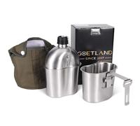 Goetland Stainless Steel WWII US Military Canteen Kit 1QT with 0.5QT Cup Nylon Cover G.I. for Camping
