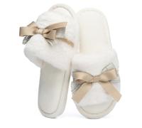 GOEWY Cute Bowknot Slippers for Women with Memory Foam Open Toe Fluffy Indoor Outdoor Non-Slip Soft Birthday Gift for Women Mom, beige, 42/44 EU