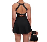 gofiep Womens Tennis Golf Dress with Open-Back Waistband Shorts Pockets Workout Athletic Dresses, Black/Eazy Peazy, S