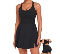 gofiep Womens Tennis Workout Dress with Open-Back Waistband Shorts Golf Acitve Side Slit Dresses, Black&/Eazy Peazy, S