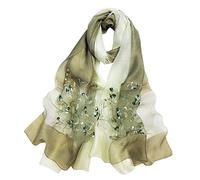 GOFINEE Women Silk&Wool Gradient Embroidered Scarf Headwrap Shawl, Olive Green, Large