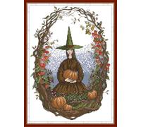 Gofission 11ct Stamped Cross Stitch Kits for Adults Beginners, Autumn in The Wizarding World Witch Pumpkin DIY Pre Printed Cross Stitch Embroidery Set with Accessories Wall Decor 40x53cm
