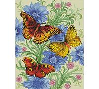 Gofission 11ct Stamped Cross Stitch Kits for Adults Beginners, Blue Flowers with Beautiful Butterflies DIY Pre Printed Cross Stitch Embroidery Set with Accessories Wall Decor 40x50cm