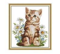 Gofission 11ct Stamped Cross Stitch Kits for Adults Beginners, Cat and Flowers DIY Pre Printed Cross Stitch Embroidery Set with Accessories Wall Decor 35x38cm (Flowers)