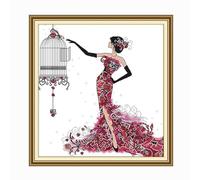 Gofission 11ct Stamped Cross Stitch Kits for Adults Beginners, Elegant Lady with Birdcage and Red Roses DIY Pre Printed Cross Stitch Embroidery Set with Accessories Wall Decor 61x64cm