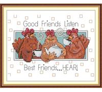 Gofission 11ct Stamped Cross Stitch Kits for Adults Beginners, Funny Best Chicken Tea Time DIY Pre Printed Cross Stitch Embroidery Set with Accessories Wall Decor 32x24cm (Good Friends)