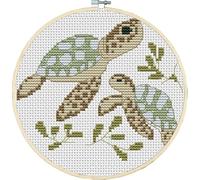 Gofission 11ct Stamped Cross Stitch Kits for Adults Beginners, Marine Animal Sea Turtle DIY Pre Printed Cross Stitch Embroidery Set with Accessories Wall Decor 20x20cm (Hoop)