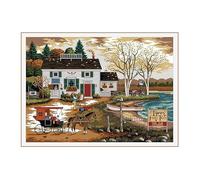 Gofission 11ct Stamped Cross Stitch Kits for Adults Beginners, Village Scene with House and Carriage DIY Pre Printed Cross Stitch Embroidery Set with Accessories Wall Decor 68x52cm