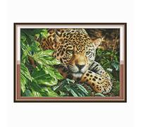 Gofission 14ct Stamped Cross Stitch Kits for Adults Beginners, Animal Jungle Jaguar DIY Pre Printed Cross Stitch Embroidery Set with Accessories Wall Decor 49x35cm (Leopard)