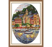 Gofission 14ct Stamped Cross Stitch Kits for Adults Beginners, Small Town by The Sea DIY Pre Printed Cross Stitch Embroidery Set with Accessories Wall Decor 34x46cm (Town)