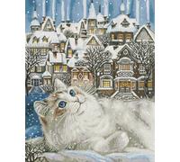 Gofission 14ct Stamped Cross Stitch Kits for Adults Beginners, Winter Town with Cat DIY Pre Printed Cross Stitch Embroidery Set with Accessories Wall Decor 47x57cm (Village)