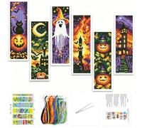 Gofission 6pcs Cross Stitch DIY Bookmark Kits for Adults Beginners, Small 11ct Stamped Embroidery Book Mark Kits Pre Printed Halloween Spooky Ghost Pumpkin Pattern with Accessories 6x20cm (House)