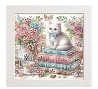 Gofission Diamond Painting The White Cat in The Book and Flowers by Numbers Kits with Frame, DIY 5D Diamond Art Special Shaped Drill Crystal 8.98x8.98 inch (Cat)