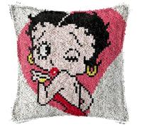 Gofission Latch Hook Cushion Kits for Adult Beginners, Betty Boop DIY Preprinted Pattern Pillow Making Kit with Accessories for Sofa Bedroom Decor 17x17 inch (Pink)