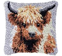 Gofission Latch Hook Cushion Kits for Adult Beginners, Highland Cow DIY Preprinted Pattern Pillow Making Kit with Accessories for Sofa Bedroom Decor 17x17 inch (Cow 2)