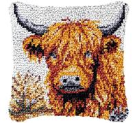 Gofission Latch Hook Cushion Kits for Adult Beginners, Highland Cow DIY Preprinted Pattern Pillow Making Kit with Accessories for Sofa Bedroom Decor 17x17 inch (Cow 3)