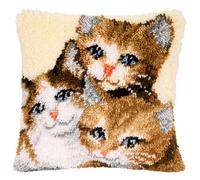 Gofission Latch Hook Cushion Kits for Adult Beginners, Three Little Kittens DIY Preprinted Pattern Pillow Making Kit with Accessories for Sofa Bedroom Decor 17x17 inch (Cats)