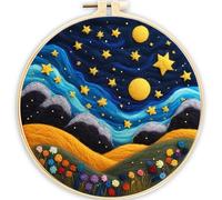Gofission Needle Felting Kits 20x20cm for Adult Beginners, Starry Night Meadow DIY Pre-Printed Wool Felt Painting Set with Accessories Home Decor (Starry)