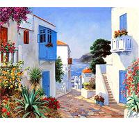 Gofission Paint by Numbers Ocean Scene House Flowers Trees, 16x20 inch Canvas DIY Number Painting Kits