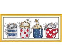 Gofission Pre Printed Cross Stitch Kits Cats Hide in The Cups, DIY 14 Count Stamped Embroidery Set 11.4x5.1 inch Fabric with Accessories Needlework Home Wall Decor