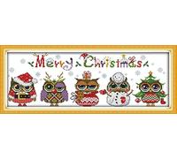Gofission Pre Printed Cross Stitch Kits Christmas Owls with Merry Christmas, DIY 14 Count Stamped Embroidery Set 18.9x7.1 inch Fabric with Accessories Needlework Home Wall Decor