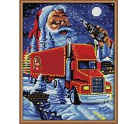 Gofission Pre Printed Cross Stitch Kits Christmas Santa with Truck, DIY 14 Count Stamped Embroidery Set 12.2x14.6 inch Fabric with Accessories Needlework Home Wall Decor(Snow)