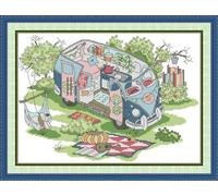 Gofission Pre Printed Cross Stitch Kits Scenery Camper Van Picnic, DIY 14 Count Stamped Embroidery Set 14.57x11.02 inch Fabric with Accessories Needlework Home Wall Decor (14CT, Caravan)