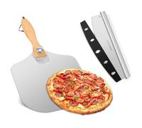 GOFOWRK Aluminium Pizza Peel and Rocker Cutter, Pizza Spatula for Oven with Foldable Wood Handle, Non-Stick Pizza Peel - Slides Easily Under the Pizza for Baking Homemade Pizza (30.5 x 35.5 cm)