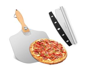 GOFOWRK Aluminium Pizza Peel and Rocker Cutter, Pizza Spatula for Oven with Foldable Wood Handle, Non-Stick Pizza Peel - Slides Easily Under the Pizza for Baking Homemade Pizza (30.5 x 35.5 cm)